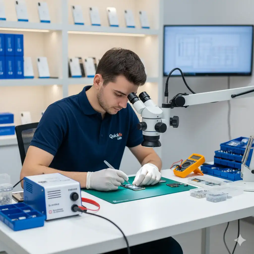 Tehnician Blue GSM reparând telefoane - Service profesional București
